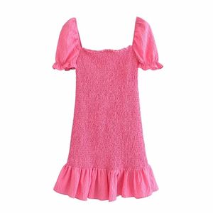 Vintage Women Smocked Elastic Fashion Mini Dress Summer Ruffled Bodycon Square Collar Solid Puff Sleeve Elegant Dresses 210521