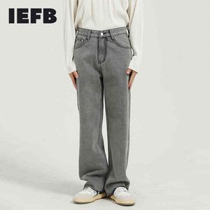 IEFB Men's Wear Spring Black Jeans Korean Loose Straight Tube Light Grey Raw Edge Jeans For Men Straight Trousers Y5066 210524