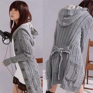 Women's Knitted Cardigan Plaid Hooded Slim Solid Color Twist Lace Up Thickened Women Long Coat Sweater 211011