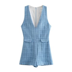 Moda Doce Pockets Tweed Playsuits Mulheres V-Neck Sem Mangas Back Zipper Feminino Curto Jumpsuits Mujer 210430