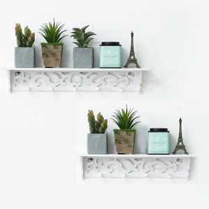 2Pcs Wall Rack Set White PVC Hollowed Curved Design 4&5 Hook Wall Installing Rack Home Decoration Shelf