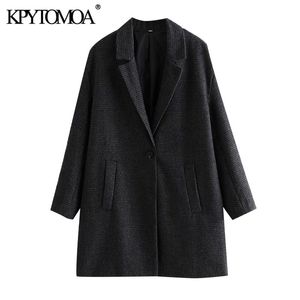 여성 패션 단일 버튼 느슨한 체크 모직 코트 빈티지 긴 소매 다시 통풍구 여성용 겉옷 세련된 Overcoat 210416