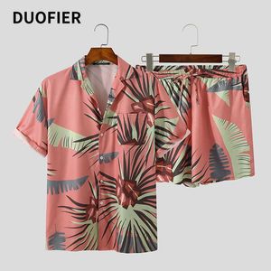 Hawaiian Men's Sets Printing Summer Short Sleeve Turn Down Collar Shirt Beach Shorts Streetwear Casual Male Suit Blouses Tops 210603