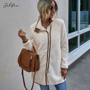 Autumn Winter Casual Long Jacket Teddy Bear Coat Long Sleeve Patchwork Topps Faux Fur Zip Up Outwear Fall Clothes for Women 210415