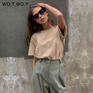 WOTWOY T-shirt a maniche corte in cotone lavorato a maglia estiva da donna T-shirt a maniche corte in cotone casual Top donna Moda S-XL 210720