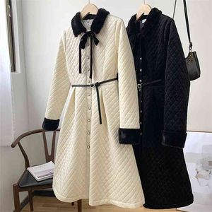 Autumn Winter Thicken Retro Diamond Lattice Plush Dress For Women Korean Fashion Long Sleeve A-line Robe Femme 210514