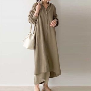 女性のための緩んで固体シンプルな長いシングルブレストスタンドのフルシャツドレス210615