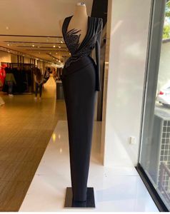 Black Sheath Beading Afton Dresses One Shoulder Långärmad Crystal Platser Prom Klänning Formell Party Gowns Custom Made Robe de Mariée