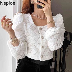 Neploe Women's Blouse White Shirts Fashion Puff Sleeve Blouses Lace Cropped Tops Korean Elegant Ladies Blusas Button Up Shirt 210422