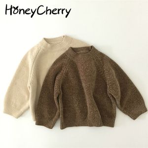 Camicia a fondo primavera e autunno tinta unita girocollo maglione pullover marrone bambina bambino 210702