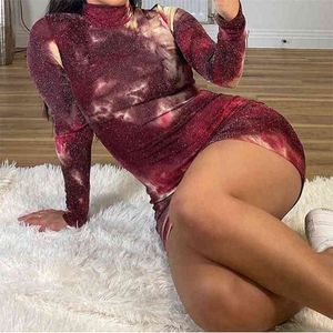 OMSJ Sexy Glitter Sequin High Neck Party Club Daily Dresses Lady Print Long Sleeve Bodycon Sparkle Trendy Mini Bandage Vestidos 210517