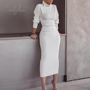 Autumn Women Knitted Sleeve Sexy Bodycon White Long Turtleneck Sweater Dress 210415