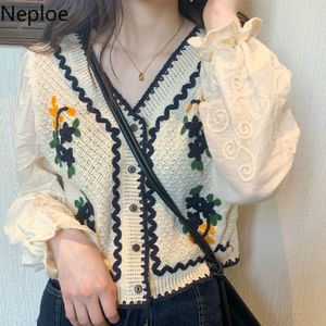 Neploe v-pescoço de malha patchwork Cardigan Slim Fit Tops Coreano Temperamento Pesado Indústria Bordado Camisa de Manga Longa Mulheres 210422