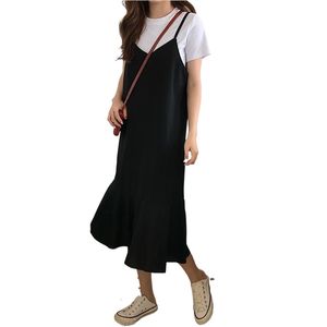 Fransız Stil Siyah Spagetti Kayışı Fishtail Elbise Yaz Seksi V Yaka Backless Gevşek Yüksek Sokak Sling Kadınlar Doğum Günü 210604