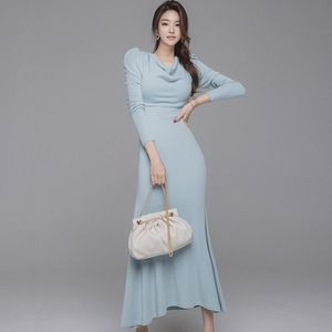 Autumn Winter Fashion Women V-Neck Keep Warm Bottoming Knitting Dresses Long Sleeve Pullover Sexy Slim Mermaid Chic Dress 210514