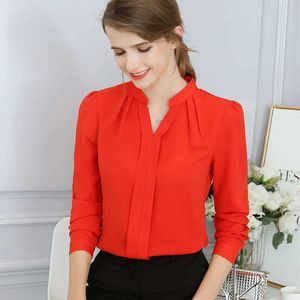 Летний стиль женские офисные работы носить шифон блузки рубашка леди Girsl с длинным рукавом V-образным вырезом красные белые розовые рубашки Blusas DF1351 210609