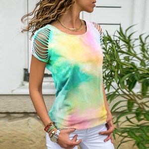 Big Size Summer Women Tie Dye Print T Shirt Casual Short Sleeve Womens Hollow Out Tshirt Fashion Hole Gradient Tee Clothes