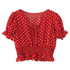 Women Yellow Red Polka Dot Bow Collar Puff Sleeve Short Ruched Shirt Blouse Summer B0793 210514