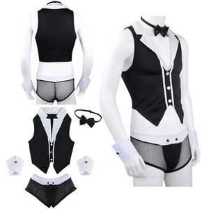 Mens Sexy Maid Role Play Cosplay Costume Outfits Tops Boxer Briefs Underwear with Collar Handcuffs Lingerie Set Halloween Coats Y0903