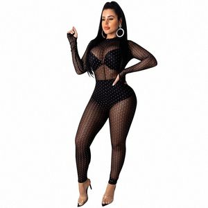 Sexy Club Belesuits وزرة للنساء الأنيقة Glitter Mesh Party Suitust Romper Long Sleeve One One Body Bodycon Jumpsuit W7rb