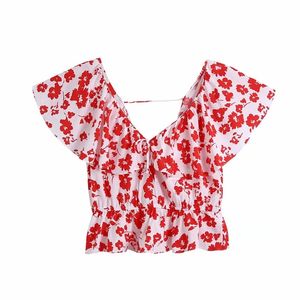 Puwd Doce Mulheres V Neck Short Blusa Verão Moda Senhoras Ladies High Street Lace Camisa Feminino Impresso Slim Top 210522