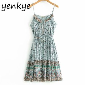 Green Floral Print Beach Dress Women Sexy Sleeveless V Neck Sashes Casual Sundress A-line Holiday Summer Short vestido 210514