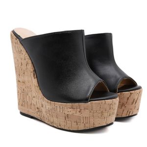 Wholesale black summer wedge shoes for sale - Group buy Ladies Platform Wedge Peep Toe Slippers Black Summer Simplicity Style Shoes Woman Sexy Super High Sandal Plus Size