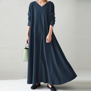 Günlük Elbiseler Sonbahar Pamuk Maxi Elbise Kadın Uzun Kollu V Boyun Robe Harajuku Katı Gevşek Streetwear Büyük Boy Cep Güz Elbise
