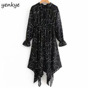 Women Star Print Vintage Black Lång Klänning Lace Up O Neck Sleeve Elastisk Midja Slim Hem Asymmetrisk DJF6970 210514