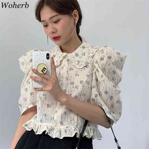 Koreanska blommor Blusar Kvinnor Ruffles Peter Pan Collar Puff Sleeve T Shirts Vintage Elegant Blusas Sweet Single Breasted Tops 210519