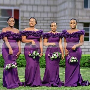 Wholesale dark purple bridesmaid dresses long resale online - 2021 Ruffles Dark Purple Bridesmaid Dresses Off Shoulder Plus Size Mermaid African Women Long Wedding Party Dress Robe De Soiree