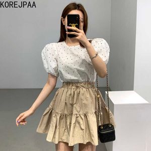 Korejpaa Women Sets Summer Korean Chic French Round Neck Polka Dot Puff Sleeve Shirt Anti- Drawstring Puffy Skirts 210526