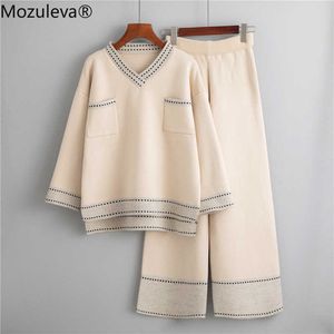 Mozuleva 2020 Inverno Solto de malha 2 peças Set Mulheres Tracksuit New Out Out Outono Pernas largas Pant Terno Pullovers Sweater Set Set Knitted Terno Y0625