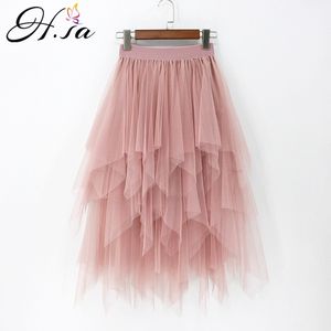 H.sa Women Skirts High Waist Irregular Gauze Patchwork White Pink Chic Long Cake A-line Skirt for Girls Harajuku Jupes 210417