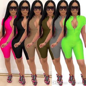 Sommar Jumpsuits Kvinnor Onesies Designer Overaller Kläder V-Neck Zipper Rompers Bodycon Shorts Ärmlös Capris Hot Sälj DHL