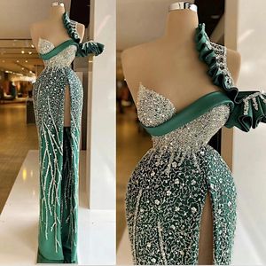 2022 Green Beaded Evening Dresses Sequins Appliques Sexy Top One Shoulder Prom Gowns High Quality Party Dress