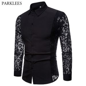 Mens Flower Patchwork Bordado Camisa de Laço De Moda Transparente Sexy Vestido Camisas Mens Ver Clube Clube Festa Chemise 210522