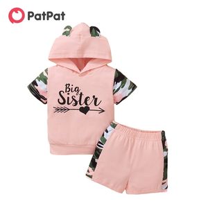 Ankomst Sommar 2st Cotton Hooded Short-Sleeve Baby Girl Sweet Camouflage Baby's Sets Kläder 210528