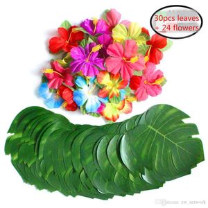 Artificial Tropical Palm Leaves and Silk Hibiscus Flowers Party Decor Monstera Leaves Hawaiian Luau Jungle Beach Theme Party Decorations
