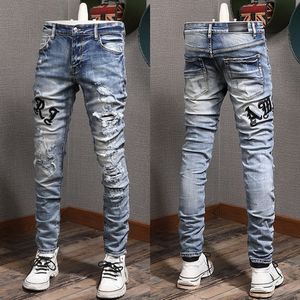 Jeans Fit Stretch Biker Design Denim For Mens Slim Painted Patch Trim Leg Cowboy Pants Male BYPV