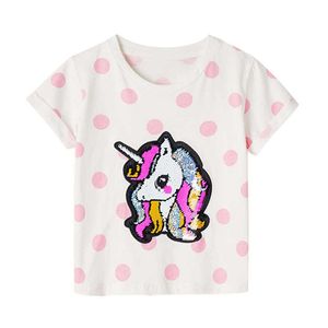 Hoppmätare Sommar Tees Toppar Unicorn Beading Cotton Polka Dots Baby Cute T Shirts Barnkläder 210529