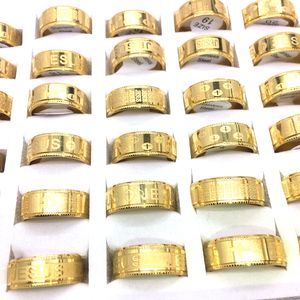 Großhandel 100 teile / los Mens Womens Edelstahl Band Ringe Silber Gold Überzogene geätzte Muster Jesus Christus Kreuz Schmuck Mix Styles