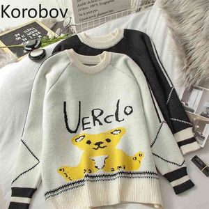 Korobov Vintage Hit Color O Neck Cartoon Letter Pullovers Korean Long Sleeve Office Lady Kawaii Sweaters Autumn Sueter Mujer 210430
