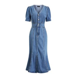 Denim Sukienka Kieszonkowa V Neck Krótki Rękaw Midi Kobiety Puff Fit and Flare Koreański Styl D1806 210514