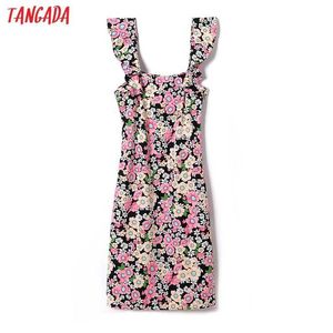 Tangadaファッション女性ピンクの花プリントフリルストラップドレスノースリーブバックレス女性ビーチロングドレス6h38 210609
