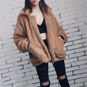 Zarif Faux Kürk Kadın Sonbahar Kış Sıcak Yumuşak Fermuar Ceket Kadın Peluş Palto Pocket Casual Teddy Dış Giyim 3XL 211129