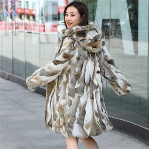 本物の本物の天然のウサギの毛皮のコートフードの女性のファッションの毛皮のジャケットのoutwearカスタム任意のサイズ211122
