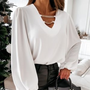 Spring Autumn Fashion Long Sleeve Blusa Elegant Solid Chain V-neck Chiffon Blouse Shirt Women Sexy Hollow Out Pullover Top 12829 210521