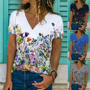 Letnie kobiety V-Neck Slim Krótki rękaw Topy Temperament Floral Print Pullover All-Match Lady T Shirt 210623