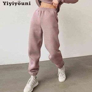 Yiyiyouni ispessimento in pile con coulisse pantaloni sportivi da donna elastico in vita autunno inverno pantaloni caldi femminile bianco rosa pantaloni casual Y211115